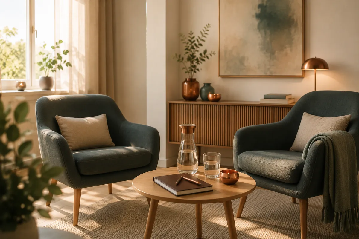 Warmer Coachingraum mit zwei Sesseln